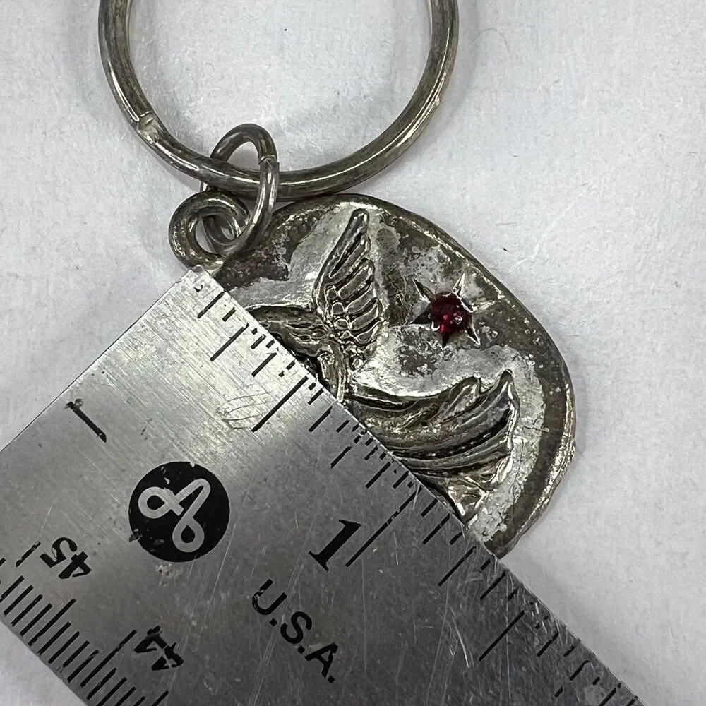 Vintage Silver Filigree Guardian Angel Keychain Religious Spiritual Red Stone 1